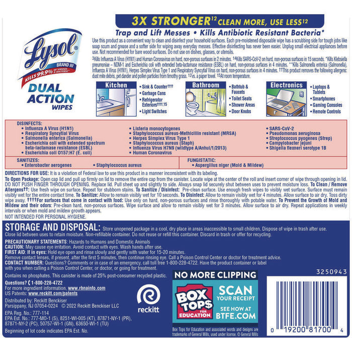 Dual Action Disinfecting Wipes, 1-Ply, 7 x 7.25, Citrus, White/Purple, 75/Canister, 6 Canisters/Carton