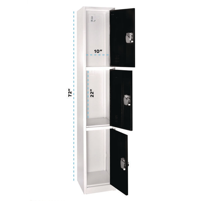 Steel Storage Locker, 3 Compartment, 12 x 12 x 72, Black