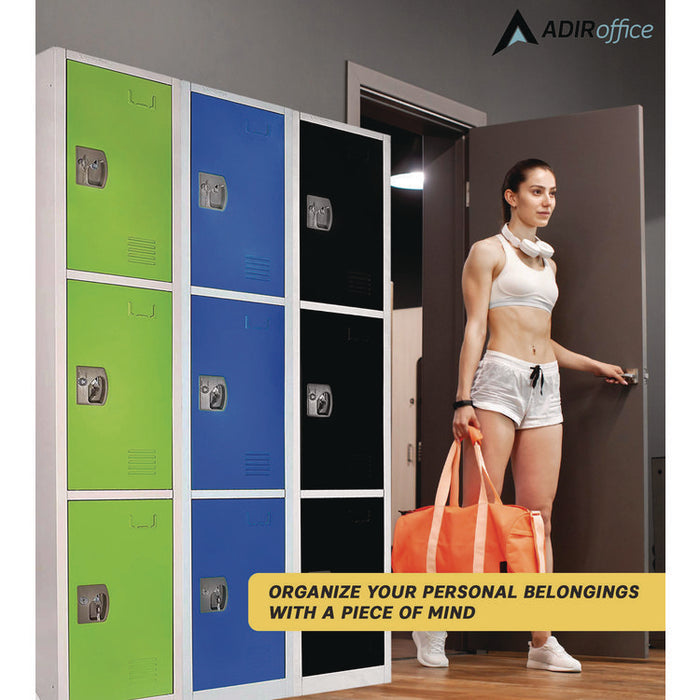 Steel Storage Locker, 3 Compartment, 12 x 12 x 72, Green