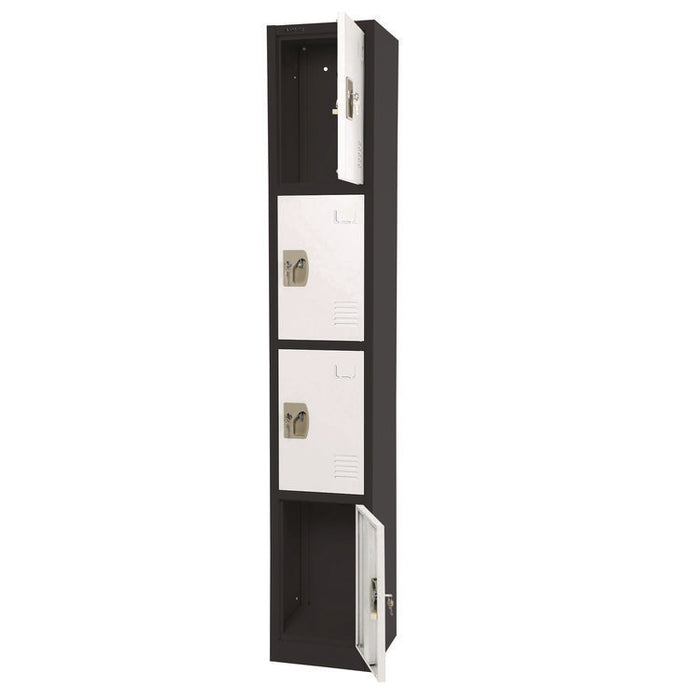 Steel Storage Locker, 4 Compartment, 12 x 12 x 72, Black Body/White Doors