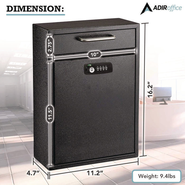Large Secure Drop Box Wall Mounted Locking Mail Box with Key and Combination lock, 11.2 x 4.7 x 16.2, Black
