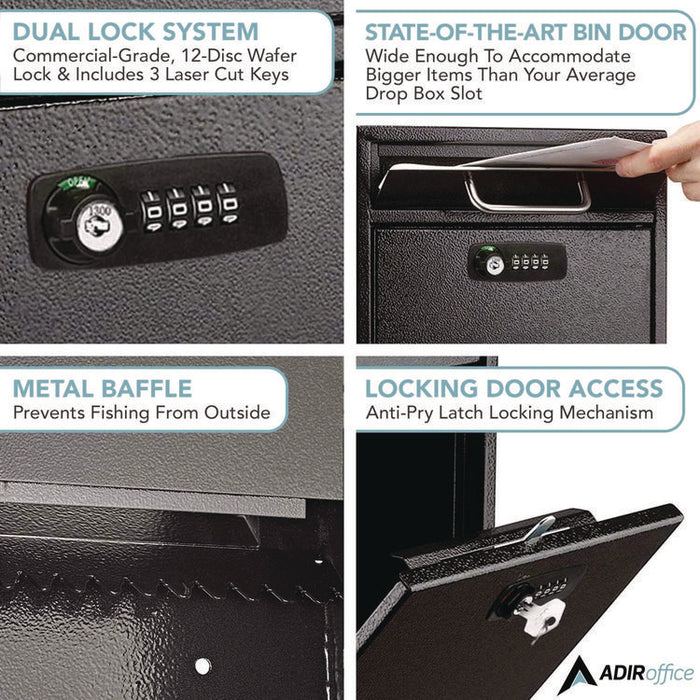 Large Secure Drop Box Wall Mounted Locking Mail Box with Key and Combination lock, 11.2 x 4.7 x 16.2, Black