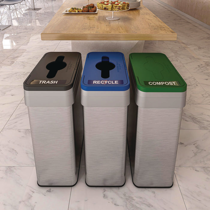 Open Top Trash Can with Color-Coded Lid, 21 gal, Plastic/Stainless Steel, Silver/Black
