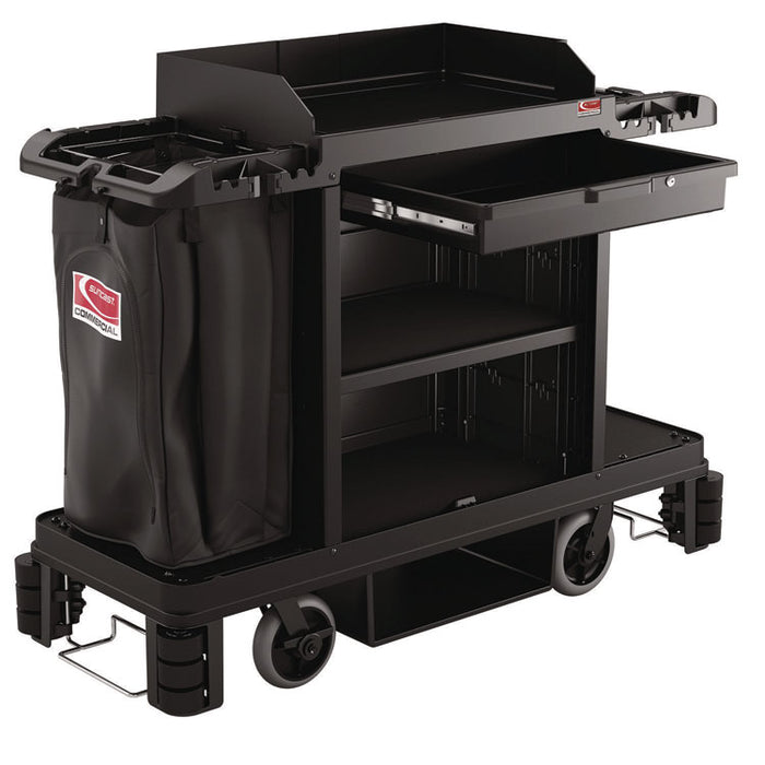 Partially Assembled Premium Housekeeping Cart, Plastic, 1 Shelf, 24 x 62.13 x 49.75, Black