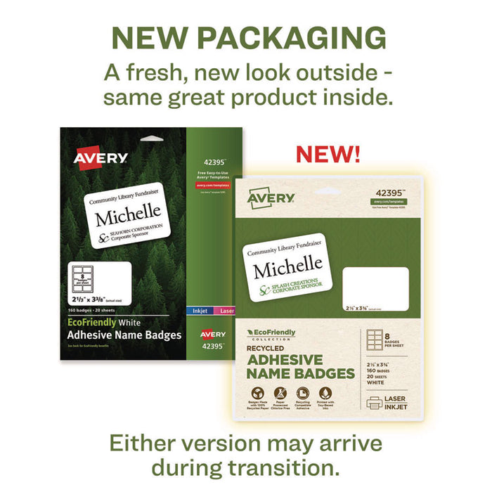 EcoFriendly Adhesive Name Badge Labels, 3.38 x 2.33, White, 160/Box