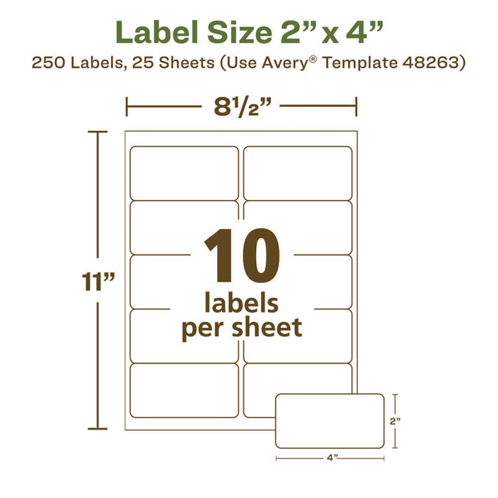 EcoFriendly Mailing Labels, Inkjet/Laser Printers, 2 x 4, White, 10/Sheet, 25 Sheets/Pack