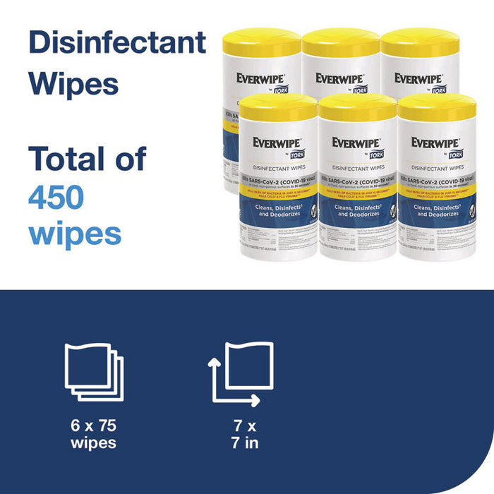 Everwipe by Tork Disinfectant Wipe Canisters, 1-Ply, 7 x 7, Lemon, White, 75 Sheets/Canister, 6/Carton