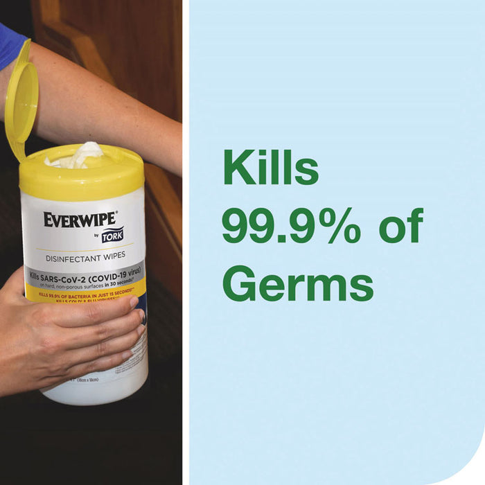 Everwipe by Tork Disinfectant Wipe Canisters, 1-Ply, 7 x 7, Lemon, White, 75 Sheets/Canister, 6/Carton