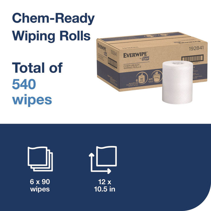 Everwipe by Tork Chem-Ready Wiping Rolls, 1-Ply, 12 x 12, White, 90 Sheets, 6 Rolls/Carton