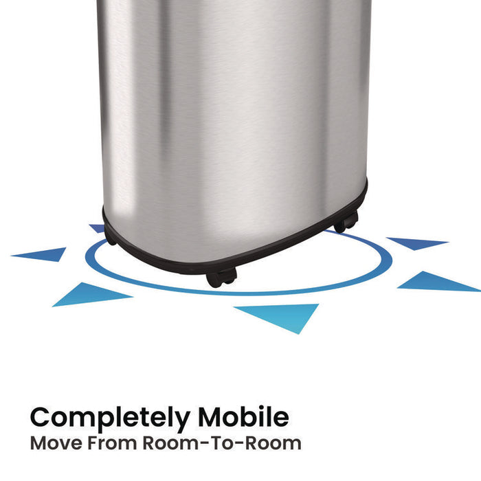 Open Top Trash Can with Wheels, Oval, 13 gal, Plastic/Stainless Steel, Silver
