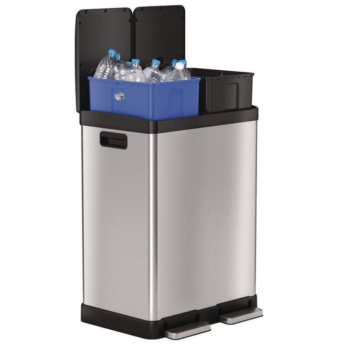 Step Pedal Trash Can and Recycle Bin, 16 gal, Plastic/Stainless Steel, Silver