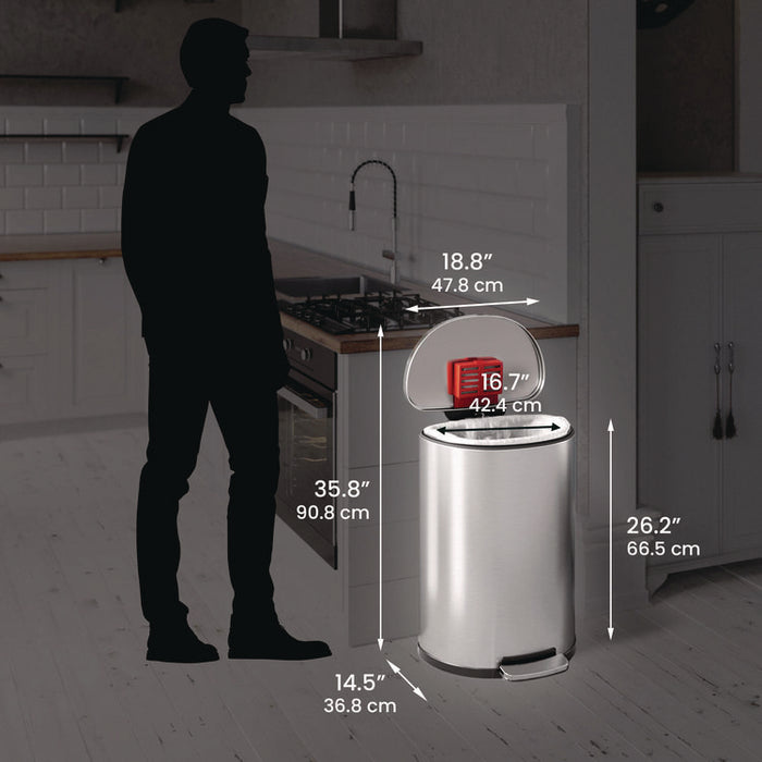 Step Pedal Trash Can, 13 gal, Half-Round Plastic/Stainless Steel, Silver