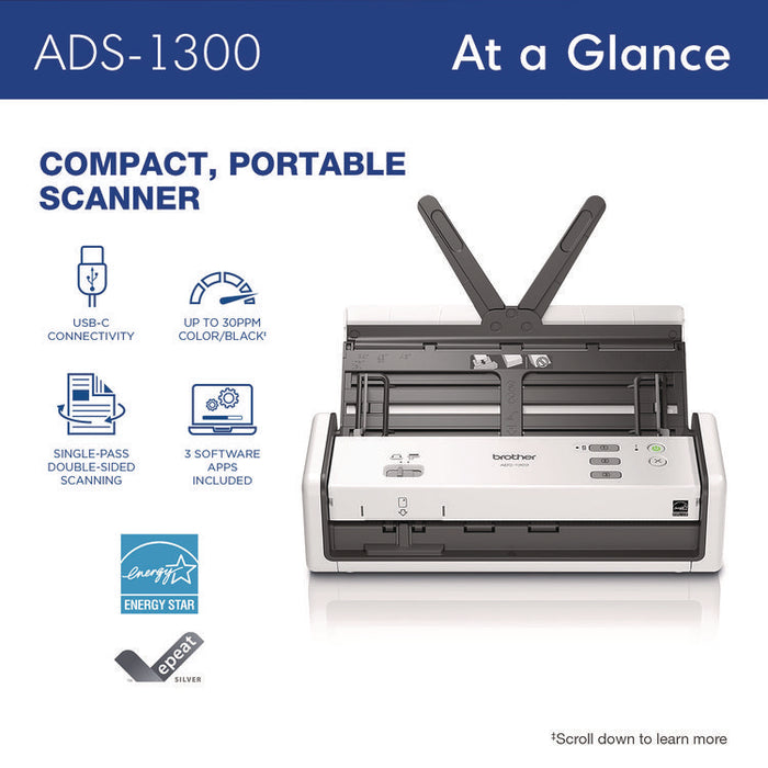 ADS-1300 Compact Desktop Scanner, 600 dpi Optical Resolution, 20-Sheet Duplex Auto Document Feeder