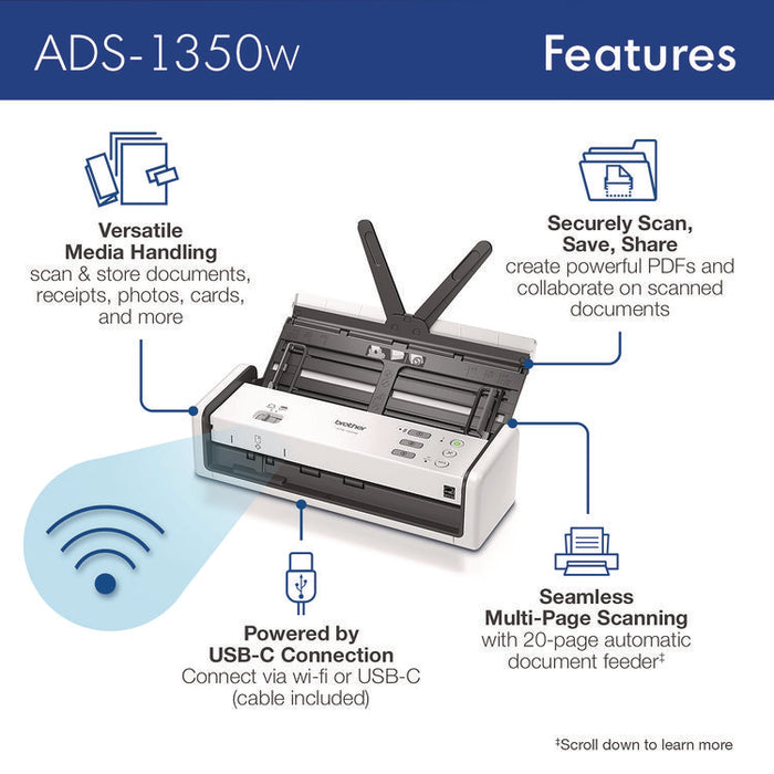ADS-1350W Compact Desktop Scanner, 600 dpi Optical Resolution, 20-Sheet Duplex Auto Document Feeder