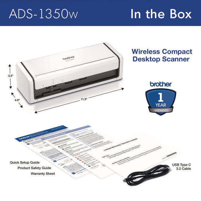 ADS-1350W Compact Desktop Scanner, 600 dpi Optical Resolution, 20-Sheet Duplex Auto Document Feeder