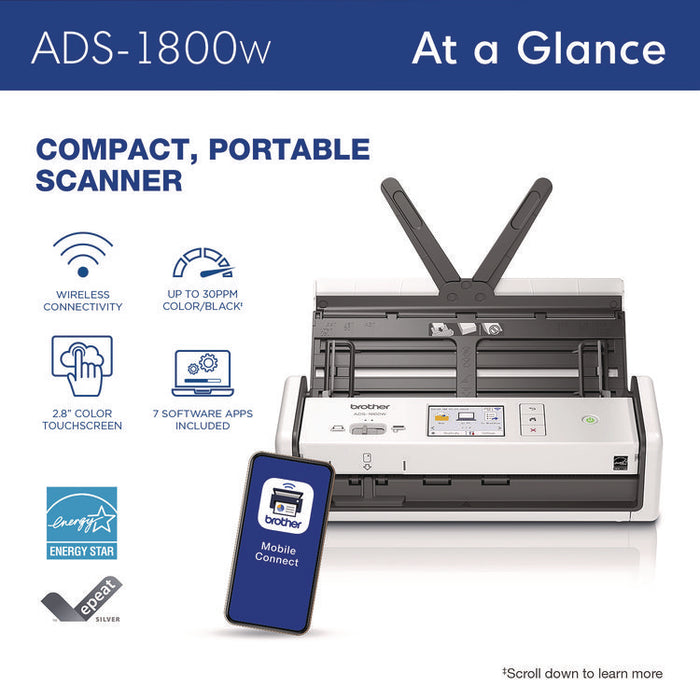 ADS-1800W Compact Desktop Scanner, 600 dpi Optical Resolution, 20-Sheet Duplex Auto Document Feeder