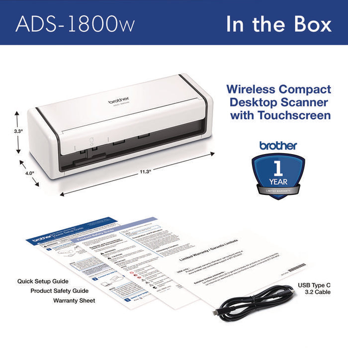 ADS-1800W Compact Desktop Scanner, 600 dpi Optical Resolution, 20-Sheet Duplex Auto Document Feeder