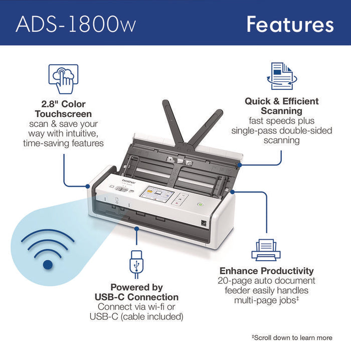 ADS-1800W Compact Desktop Scanner, 600 dpi Optical Resolution, 20-Sheet Duplex Auto Document Feeder