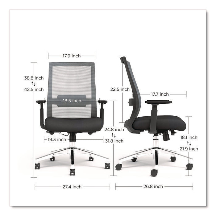 Alera Ashdale Ergonomic Fabric Swivel Task Chair, Supports 275 lb, 18.15 to 21.89 Seat Height, Black Seat/Back, Silver Base