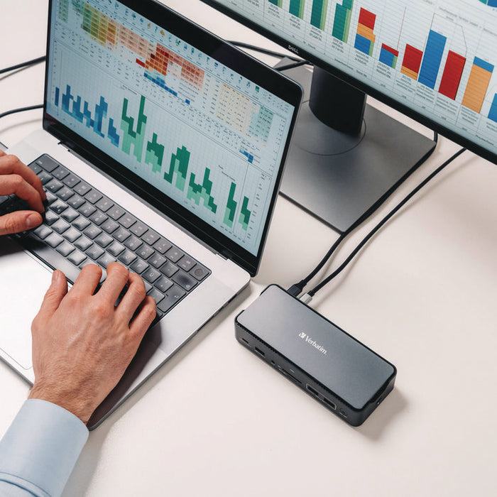 USB-C Pro Docking Station 15-in-1 256GB Vi3000 SSD, Audio/DisplayPort/HDMI/Micro SD/RJ45/SD/USB-A/USB-C, Gray