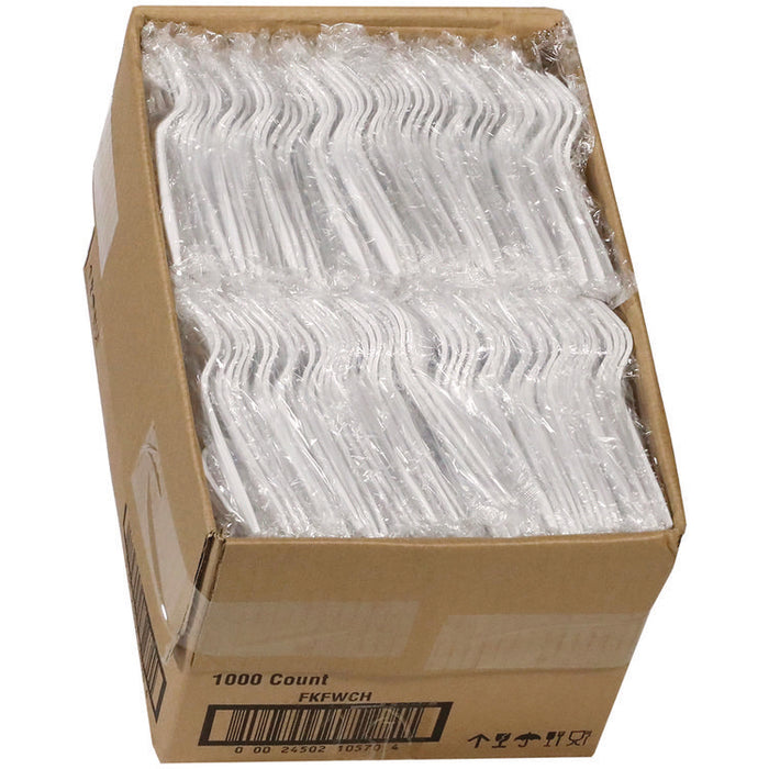Fieldware Cutlery, Individually Wrapped, Mediumweight Fork, Plastic, White, 1,000/Carton