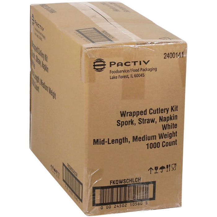 Fieldware Cutlery Kit, Mediumweight, Napkin/Spork/Straw, Plastic, White, 1,000/Carton