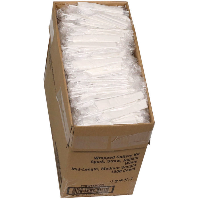 Fieldware Cutlery Kit, Mediumweight, Napkin/Spork/Straw, Plastic, White, 1,000/Carton