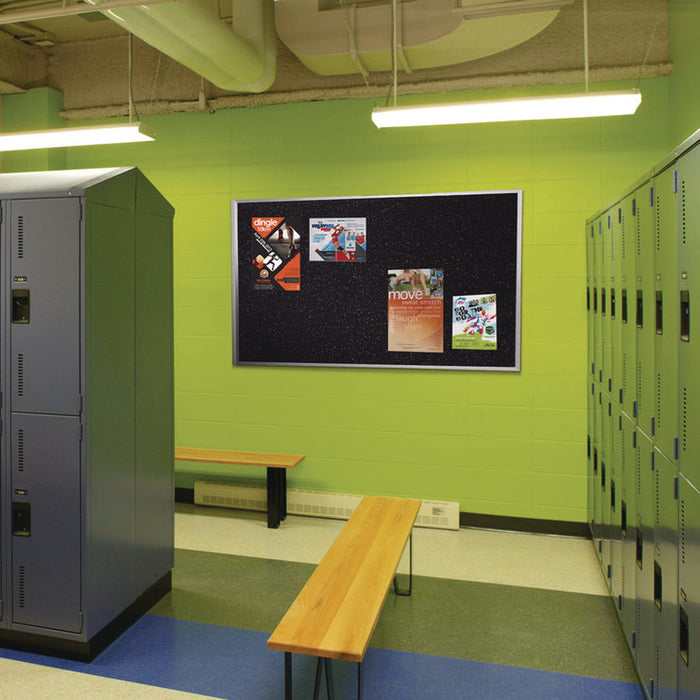 Recycled Bulletin Board, 87.91 x 48.5, Confetti Surface, Satin Aluminum Frame
