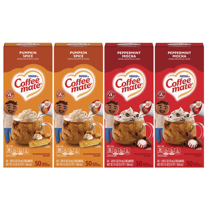 Liquid Coffee Creamer, Peppermint Mocha/Pumpkin Spice, 0.38 oz Mini Cups, 50/Pack, 4 Packs/Carton