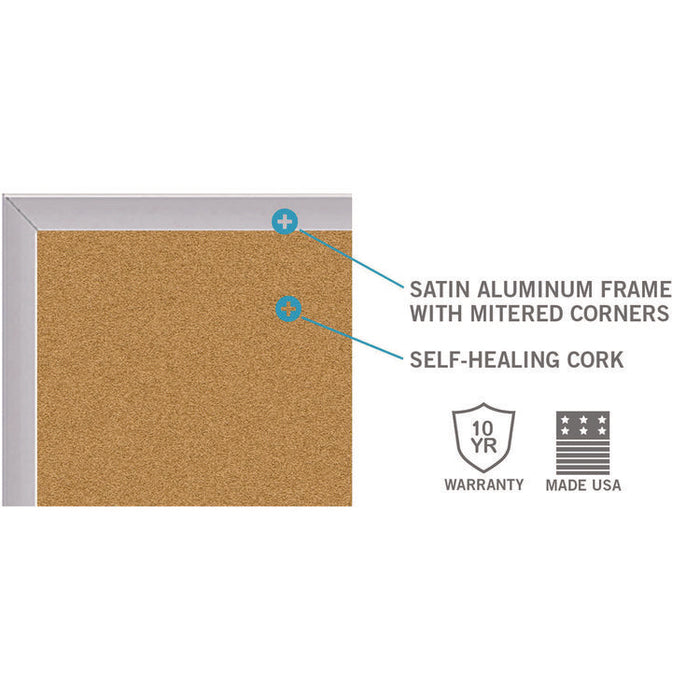 Natural Cork Bulletin Board with Aluminum Frame, 87.91" x 48.5", Tan Surface, Satin Aluminum Frame
