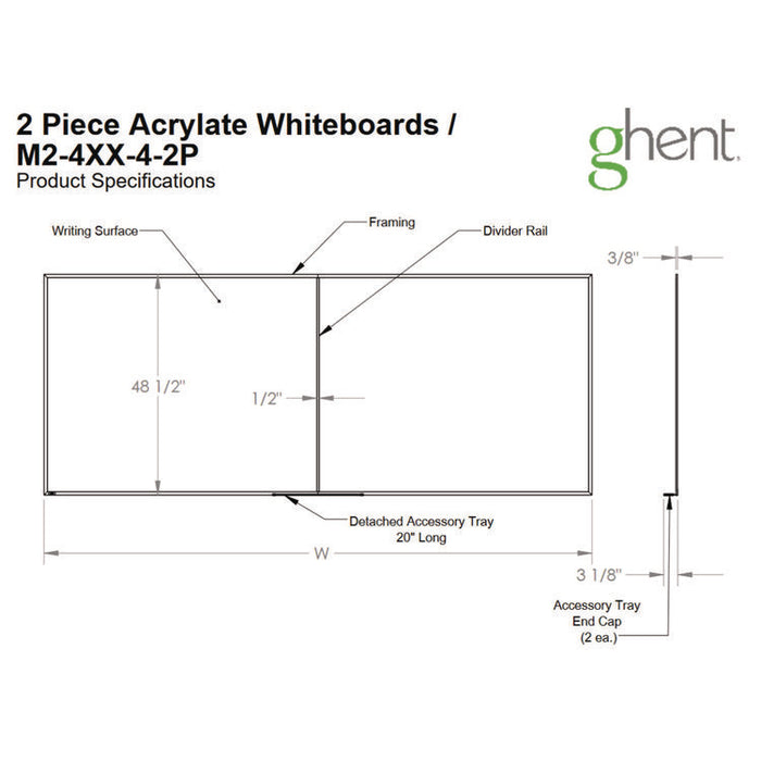 Two-Piece M2 Non-Magnetic Whiteboard with Aluminum Frame, 120.75" x 48.5", White Surface, Satin Aluminum Frame