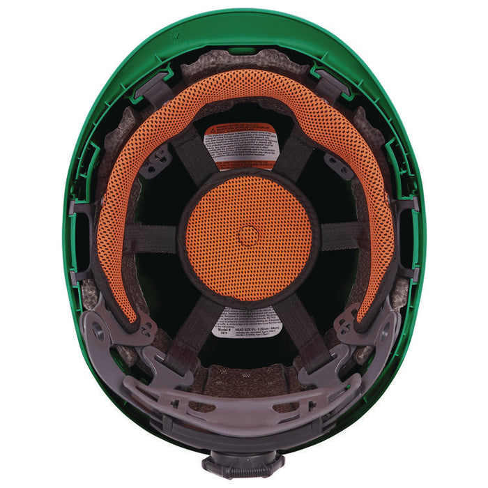 Skullerz 8976 Class E Safety Helmet, Brimless, 6-Point Standard Ratchet Suspension, One Size Fits Most (6.5 to 8), Green