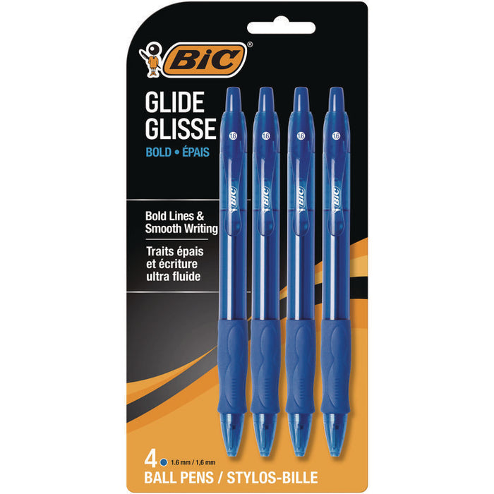 GLIDE Bold Ballpoint Pen, Retractable, Bold 1.6 mm, Blue Ink, Translucent Blue Barrel, 4/Pack