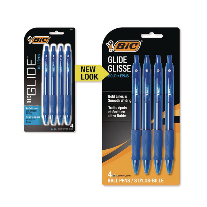 GLIDE Bold Ballpoint Pen, Retractable, Bold 1.6 mm, Blue Ink, Translucent Blue Barrel, 4/Pack