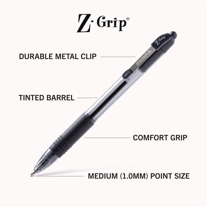 Z-Grip Ballpoint Pen, Retractable, Medium 1 mm, Black Ink, Clear/Black Barrel, 24/Pack