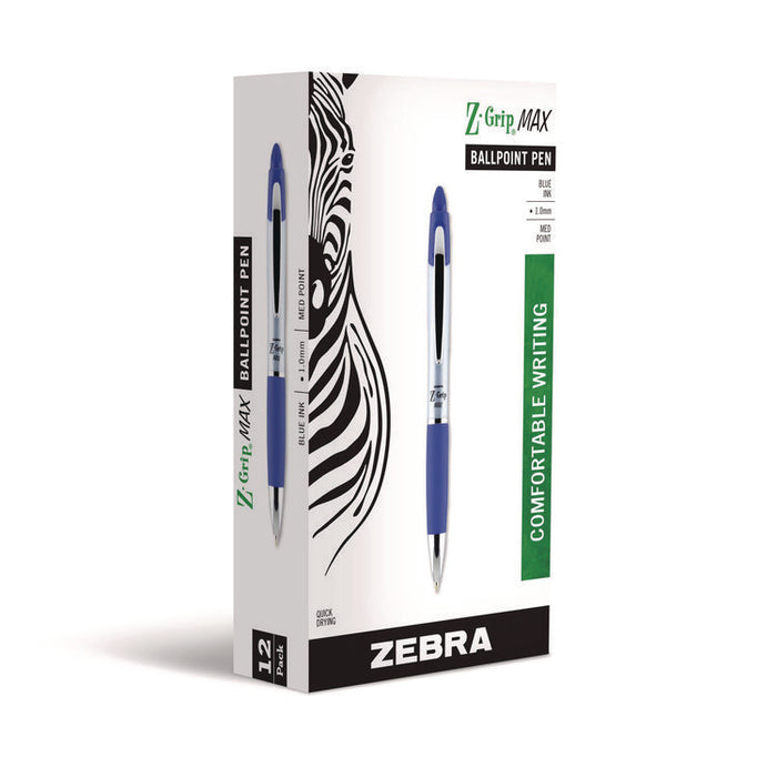 Z-Grip MAX Ballpoint Pen, Retractable, Medium 1 mm, Blue Ink, Silver/Blue Barrel, 12/Pack