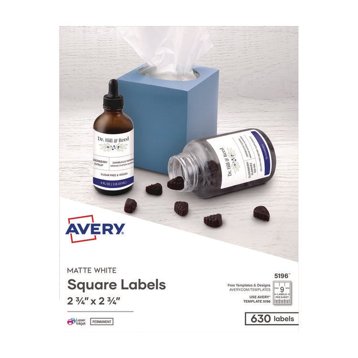 Laser/Inkjet Media Labels, Inkjet/Laser Printers, 2.75" x 2.75", Matte White, 9 Labels/Sheet, 70 Sheets/Box