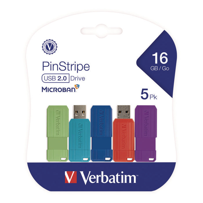 PinStripe USB 2.0 Flash Drive, 16 GB, Assorted Colors, 5/Pack