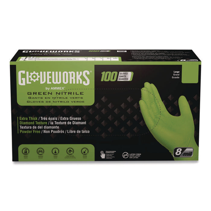 Heavy-Duty Industrial Nitrile Gloves, Powder-Free, XX-Large, 8 mil Thick, 9.5" Long, Green, 100/Box, 10 Boxes/Carton
