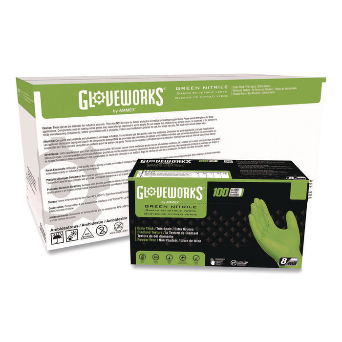Heavy-Duty Industrial Nitrile Gloves, Powder-Free, XX-Large, 8 mil Thick, 9.5" Long, Green, 100/Box, 10 Boxes/Carton