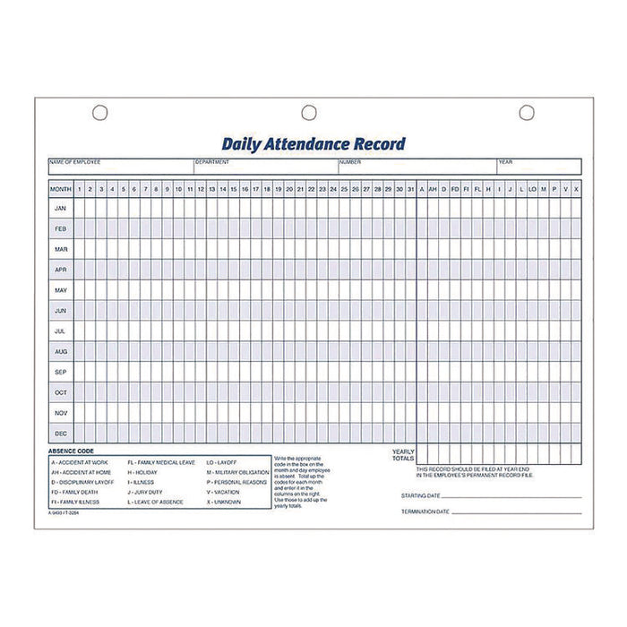 Attendance Records, One Part (No Copies), 11 x 8.5, 50 Forms Total