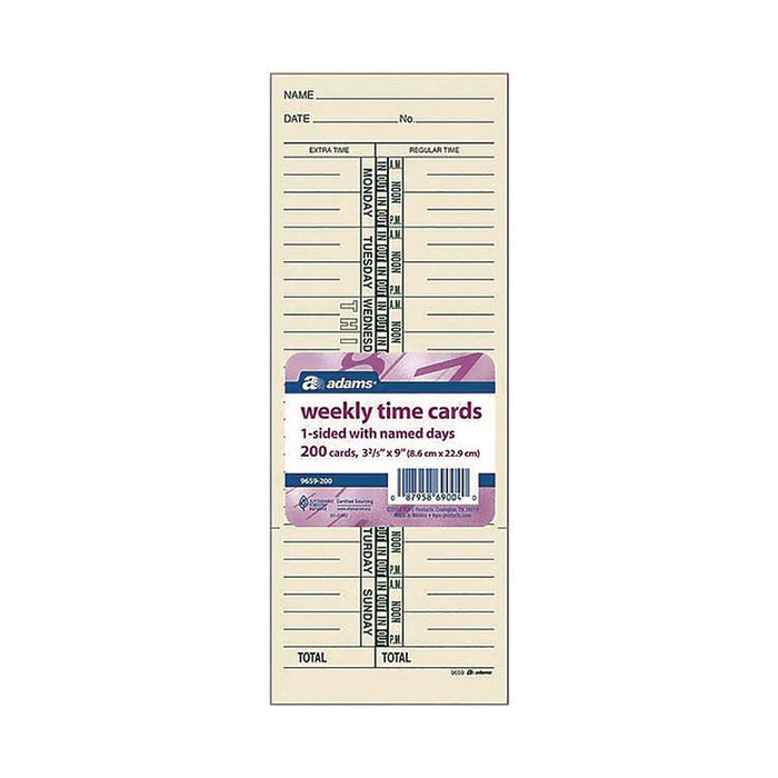 Time Cards for Acroprint, Amano and Lathem Time Clocks, One Side, Weekly, 3.38 x 9, 200/Pack