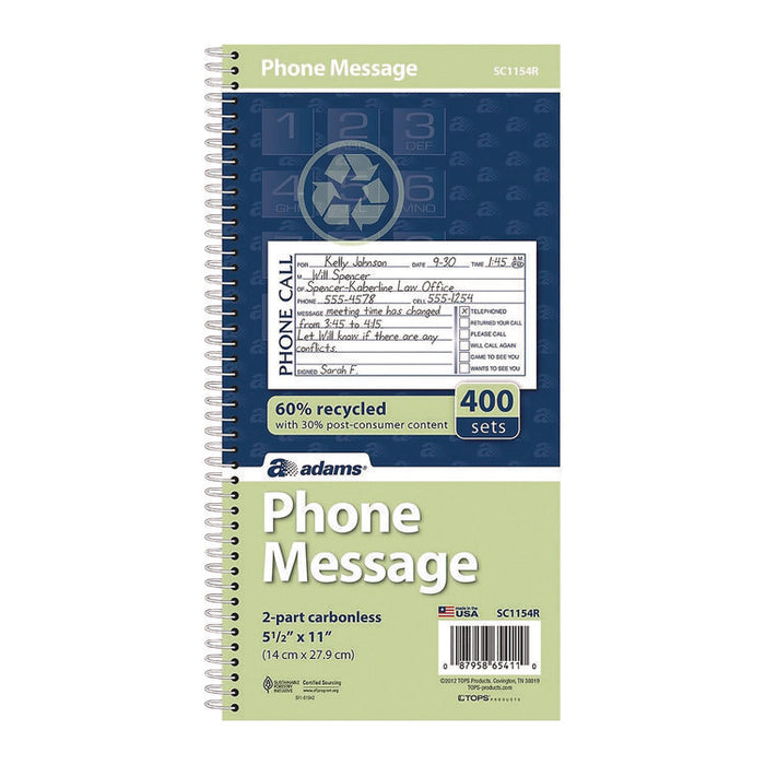 Wirebound Telephone Message Book, Two-Part Carbonless, 4.75 x 2.75, 4 Forms/Sheet, 400 Forms Total