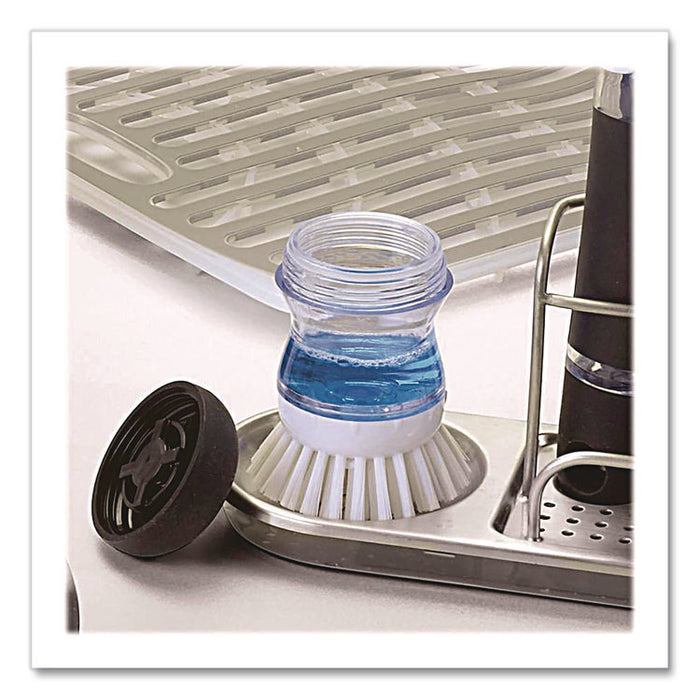 Good Grips Soap Dispensing Palm Brush, White Nylon Bristles, 4" Brush, Clear/Black Handle