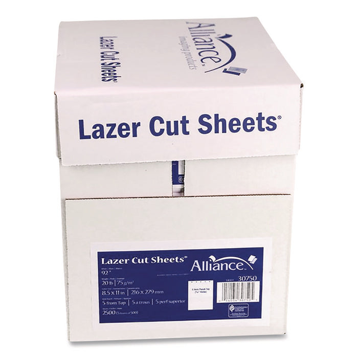 Punched Laser Cut Sheets, 92 Bright, Side: 5-Hole, 20 lb Bond Weight, 8.5 x 11, White, 500 Sheets/Ream, 5 Reams/Carton