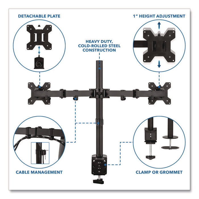 Full Motion Dual Monitor Desktop Mount, For 17" to 27" Monitors, 360 Degree Rotation, +/-90 Degree Tilt, Black, Supports 22lb