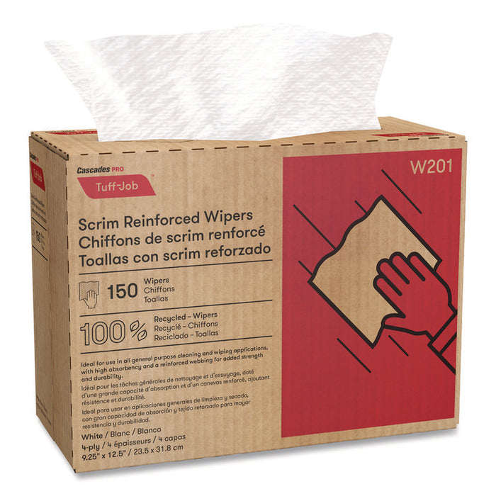 Tuff-Job Scrim Reinforced Wipers, 4-Ply, 9.25 x 12.5, White, 150/Box, 10 Boxes/Carton