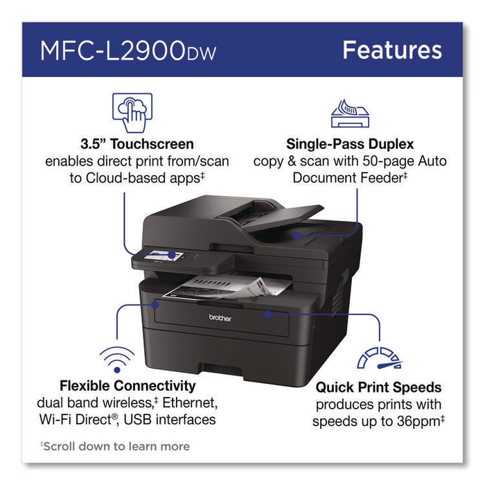 Wireless MFC-L2900DW Compact Monochrome AIO Laser Printer, Copy/Fax/Print/Scan