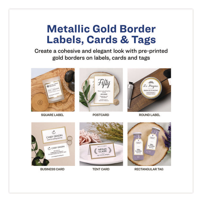 Business Cards with Metallic Gold Borders, Inkjet/Laser, 2 x 3.5, White, 10 Cards/Sheet, 10 Sheets/Pack