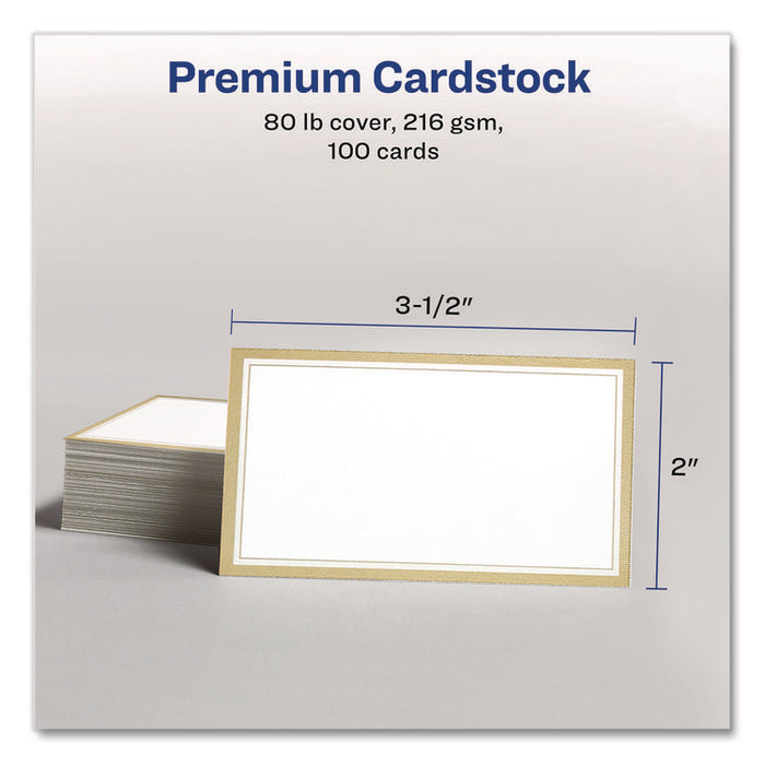 Business Cards with Metallic Gold Borders, Inkjet/Laser, 2 x 3.5, White, 10 Cards/Sheet, 10 Sheets/Pack
